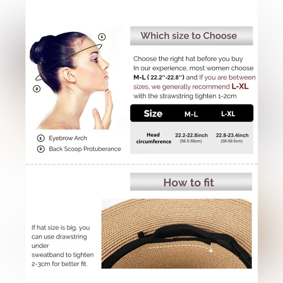 Furtalk Wide Ribbon Straw Beach Sun Hat tan khaki beige with black size medium - Picture 11 of 11